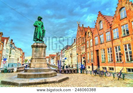 Statue Of Jan Van Eyck, An Early Netherlandish Painter In Bruges - Belgium