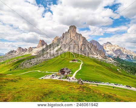 Passo Giau With Mount Gusela On The Background, Dolomites, Or Dolomiti Mountains, Italy.