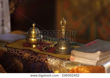 Ritual Hand Bell And Dorje In The Buddhist Temple As The Enlightenment Symbol.