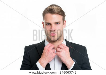 White Collar Worker. Man Well Groomed Buttoning White Collar Elegant Formal Suit Isolated White Back