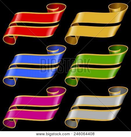 Vector Set Of Vintage Curly Banners Ribbons. Redd, Gold, Blue, Green, Purple And Silver Shiny Scroll