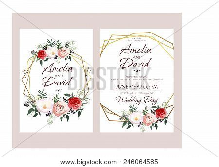 Wedding Invitation, Floral Invite Card Design: Peach Lavender Pink Garden Rose, Succulent, Wax, Euca