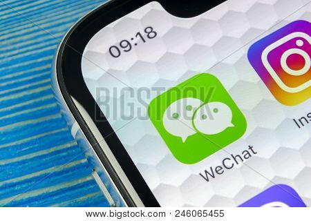 Sankt-petersburg, Russia, June 20, 2018: Wechat Messenger Application Icon On Apple Iphone X Smartph