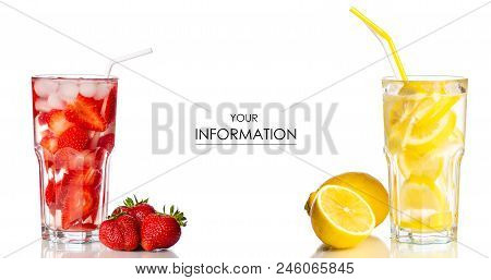 Set Glasses With Lemonade Soft Drinks Lemon Strawberry On A White Background Isolation