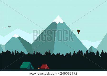 Vector Illustration Of Summer Camping. Mountains. Forest. Morning