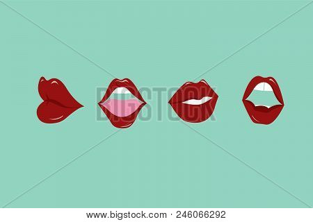 Vector Illustrations Of Different Shapes Of Female Red Lips On Colorful Background In Cartoon Style.