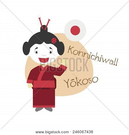 Vector Illustration Of Cartoon Character Saying Hello And Welcome In Japanese