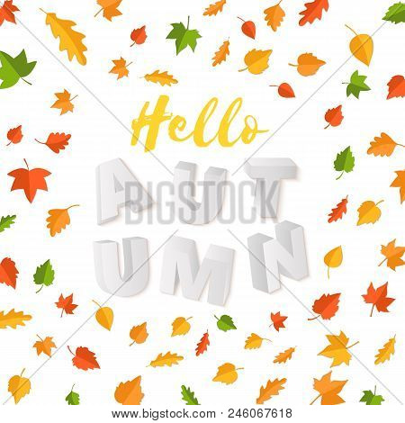 Word Autumn Composition With Green Yellow Red Leaves On White Background In Paper Cut Style. Fall Le
