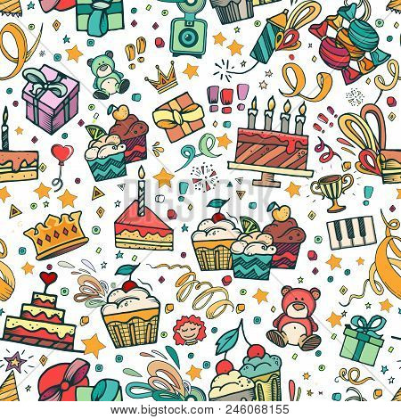 Birthaday Background. Cartoon Seamless Pattern. Vector Illustration. Cupcake, Gifts, Balloons Cake A