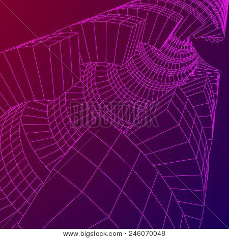 Futuristic Tunnel Of Wireframe Low Poly Mesh Construction. Futuristic Background, Business Concept. 