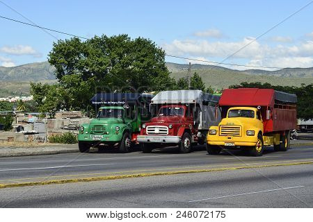 Santago De Cuba, Cuba  - 29 November 2016: Old Lorries For The Transport Of The Sugar Cane Converted