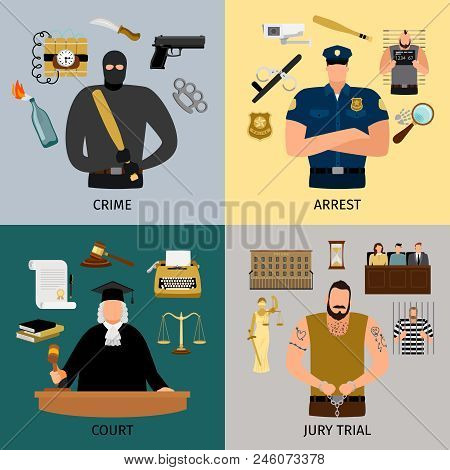 Cartoon Crime. Crimini Characters Like Bandit And Convic With Handcuffs, Thief Or Robber And Judge, 