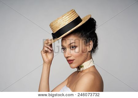 Closeup Of Beautiful Playful Mixed Race Caucasian - African American Woman Wearing Chocker And Canot