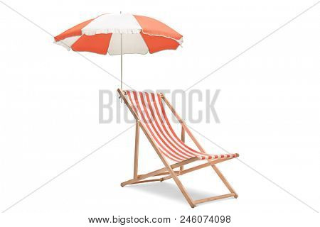 Deck chair with an umbrella isolated on white background