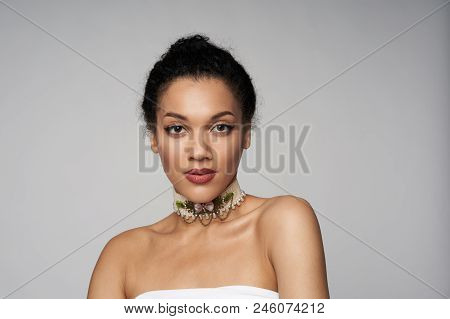 Beauty Closeup Front View Portrait Of Beautiful Mixed Race Caucasian - African American Woman Wearin