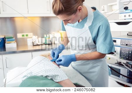 Nurse preparing patient for gastroscopy putting harness for tube on