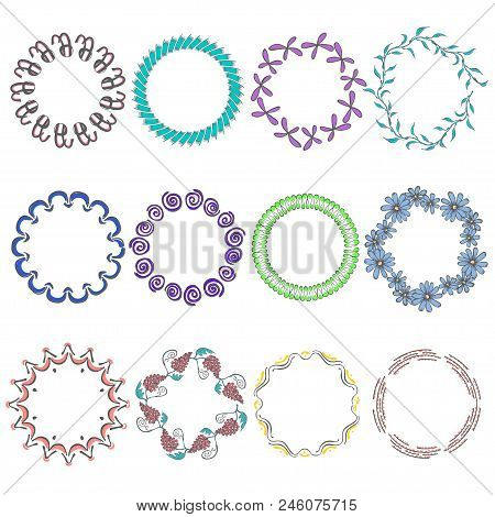 Set With Round Hand Drawn Multicolor Frames. Frames With Dark Color Contour And Colorful Blub Brush 