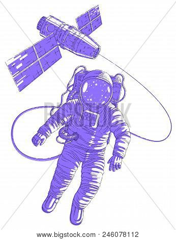 Spaceman Flying In Open Space Connected To Space Station, Astronaut Man Or Woman In Spacesuit Floati