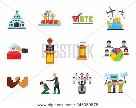 Politics Icon Set. Debates Politician Politics Leadership Vote White House Demonstration Election El