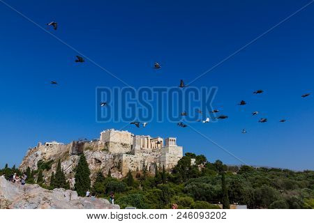 Scenic View Of The Rock Of The Acropolis Of Athens In Greece With Flying Pigeons And Gazing Tourists