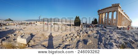 Panorama Of Tourists Walking Around The Parthenon At The Acropolis Of Athens In Greece