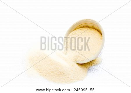 Semolina Flour In A White Colored Bowl Isolated On White Also Known As Sooji Or Suji.