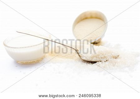 Entire Ingredients For Suji Ka Halwa Isolated On White  Including Sugar.