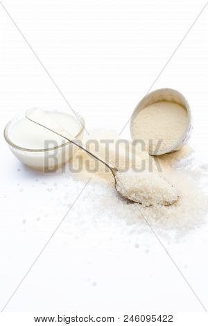 Entire Ingredients For Suji Ka Halwa Isolated On White  Including Sugar.