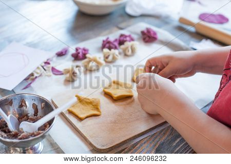 Cooking Class, Culinary. Food And People Concept, Molding Of Pelmeni Or Meat Colorful Dumplings, Set