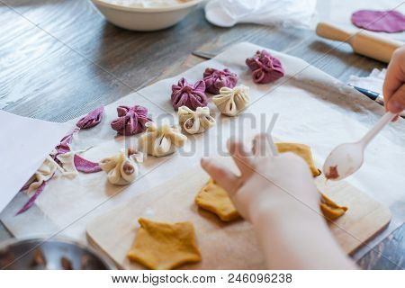 Cooking Class, Culinary. Food And People Concept, Molding Of Pelmeni Or Meat Colorful Dumplings, Set