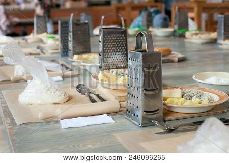 Cooking Class, Culinary. Food And People Concept, Desktop Getting Ready For Work