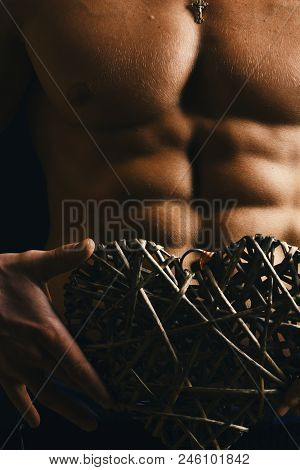Sports, Bodybuilding, Love And Decor Concept. Guys Abs And Strong Chest. Decoration And Male With Na