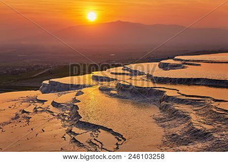 Beautiful Sunrise And Natural Travertine Pools And Terraces In Pamukkale. Cotton Castle In Southwest