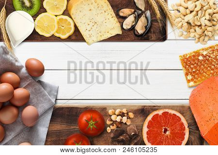 Allergic Products Collage. Set Of Allergy Food, Dairy, Pastry, Red Vegetables And Berries, Citrus Fr