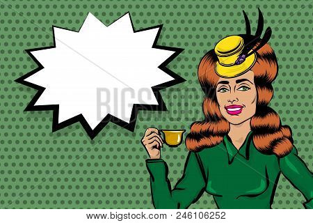 White Sexy Young Woman Pop Art Hold Cup Of Coffee. Elegantly Dressed, In A Beautiful Retro Hat And F
