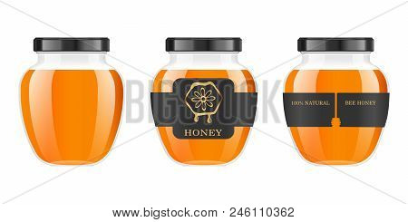 Realistic Transparent Glass Jar With Honey. Food Bank. Honey Packaging Design. Honey Logo. Mock Up G