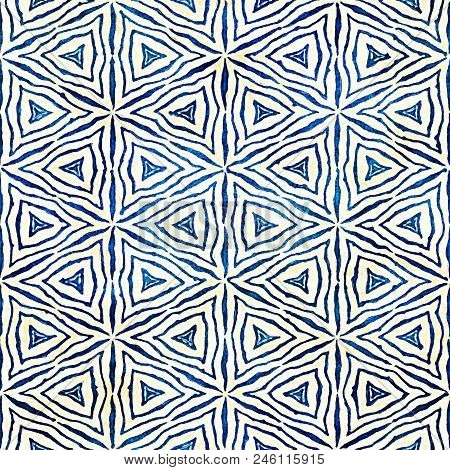 Native Batik Watercolor Artistic Blue And White Pattern With Flowers Or Snowflakes. Ethnic Boho Styl