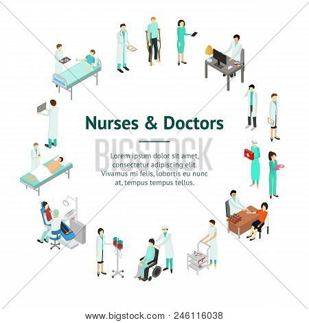 Nurses Attending Patients Banner Card Circle Isometric View Treatment Clinic Staff And Sick Healthca