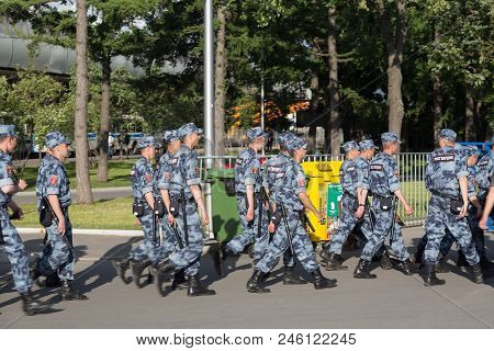 Moscow, Russia - June, 2018: Russian Omon Police Walking After Fifa World Cup Match In Moscow. Footb