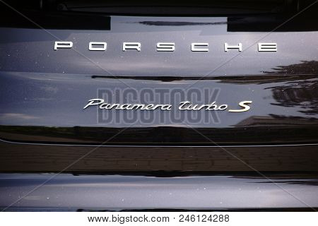 Bad Homburg, Germany - May 19: Close-up Of The Rear Of A Black-painted Porsche Panamera Turbo S Spor