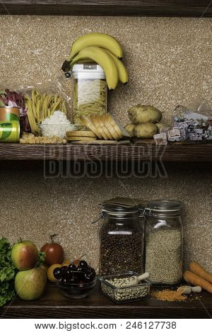 Assortment Of Products Rich Of Complex Carbohydrates. Healthy Food On Stone Background. Space For Te