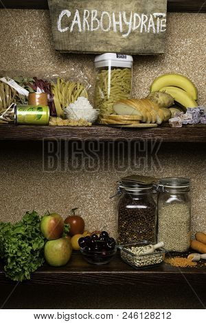 Assortment Of Products Rich Of Complex Carbohydrates. Healthy Food On Stone Background. Space For Te