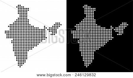 Vector Rhombic Dotted India Map. Abstract Territory Maps In Black And White Colors On White And Blac