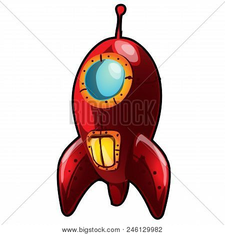 Red Cartoon Rocket Isolated On White Background. Vector Cartoon.