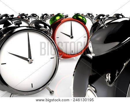 Standing out of the crowd. Colorful alarmclock among the grey alarmclocks. 3D rendering