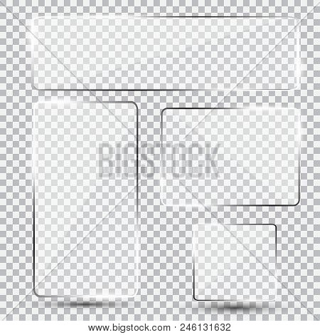 Set Of Shiny Glass Plate. Clear Glass Showcase On A Trasnparent Background. Realistic Window, Phone 