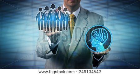 Unrecognizable Male Recruitment Agent Raising A White Collar Team Of Knowledge Workers Above An Arti