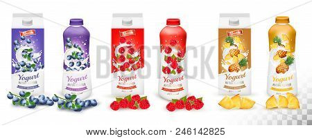Set Of Yogurt In Bottles  And Boxes With Fruit And Berries. Blueberry, Raspberry And Pineapple. Desi