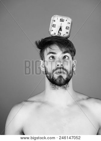 Time Flies Inexorably. Man Or Surprised Macho With Beard, Blond Hair And Naked Muscular Torso, Chest