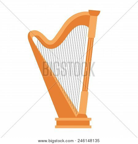 Wooden Harp On White Background. Classical String Musical Instrument. Cute Flat Cartoon Style. Harp 